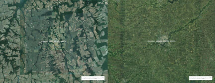 Two maps at the same scale presented side by side. The left map is of Sorriso, Mato Grosso, Brazil and shows large tracts of soy farmland. The right map is of Decatur, Illinois, USA and is covered by smaller farms of corn and soy. Both maps are shades of green and brown.