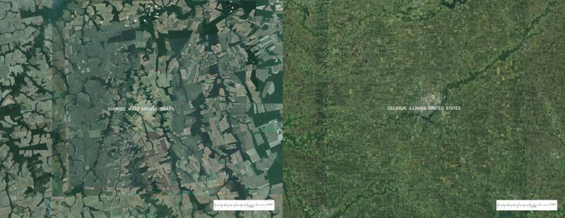 Two maps at the same scale presented side by side. The left map is of Sorriso, Mato Grosso, Brazil and shows large tracts of soy farmland. The right map is of Decatur, Illinois, USA and is covered by smaller farms of corn and soy. Both maps are shades of green and brown.