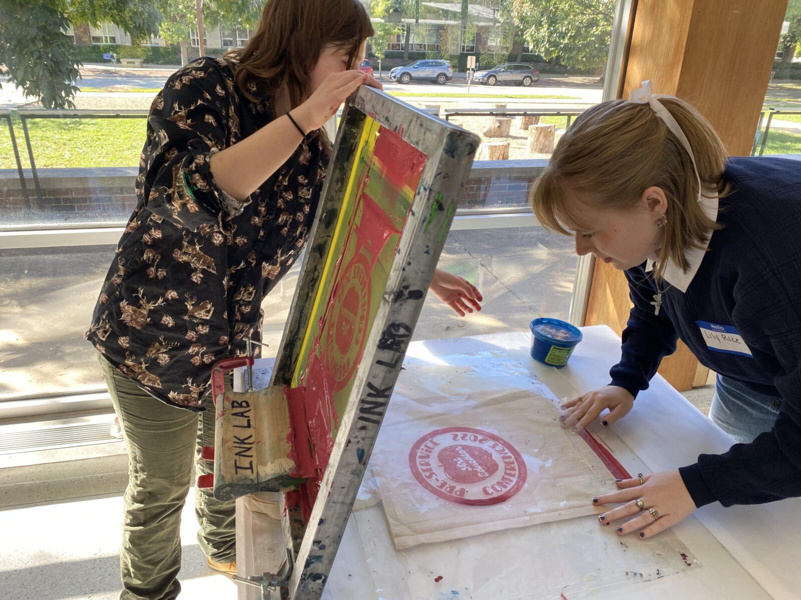 students doing screen printing 