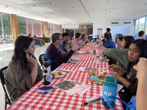 students commiserating at breakfast