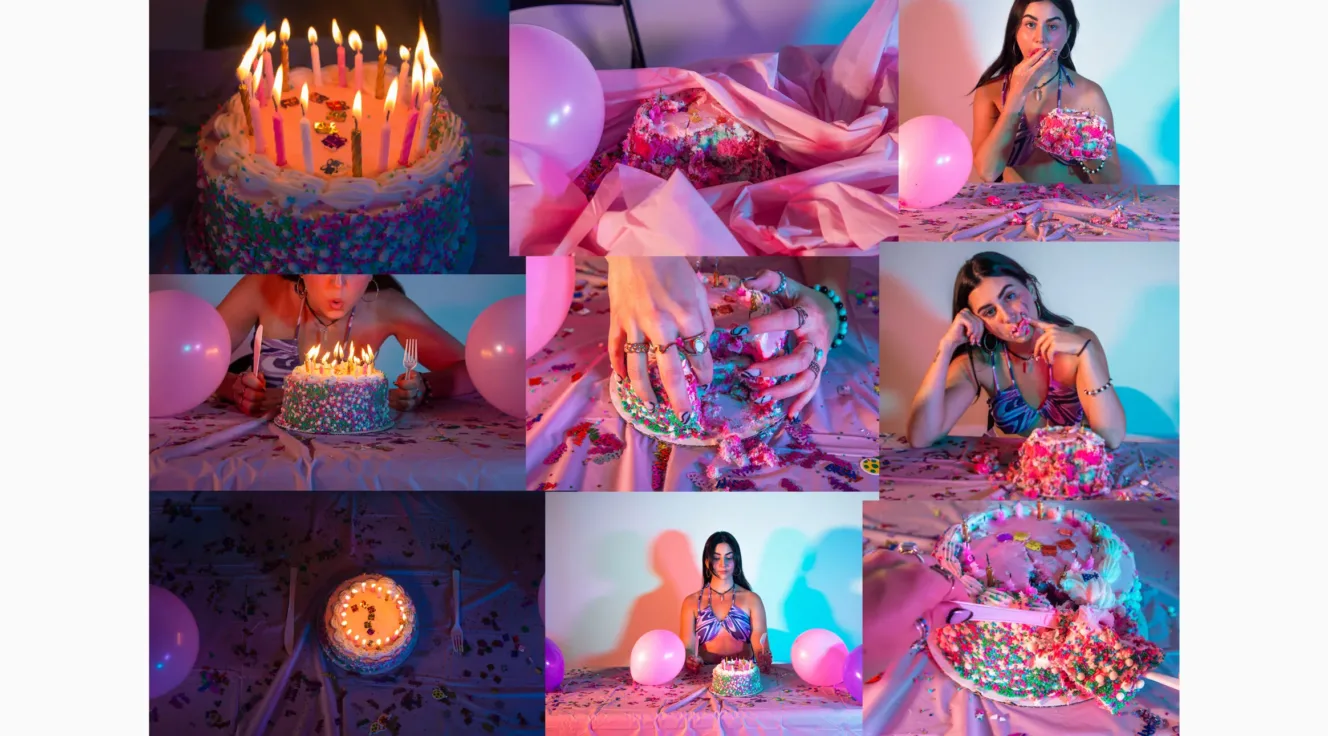 A collage of self portraits with a birthday cake