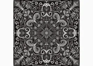 A black and white drawing of a mandala