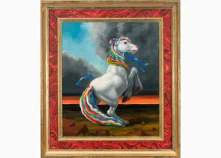 A framed painting of a white pony on a landscape