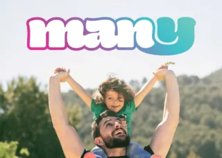 "Many" logo above happy child riding on a man's shoulders