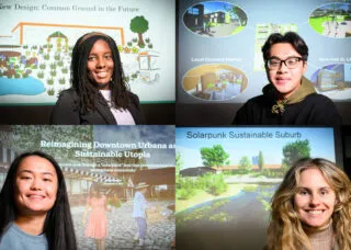 collage of 4 students with their design posters behind them