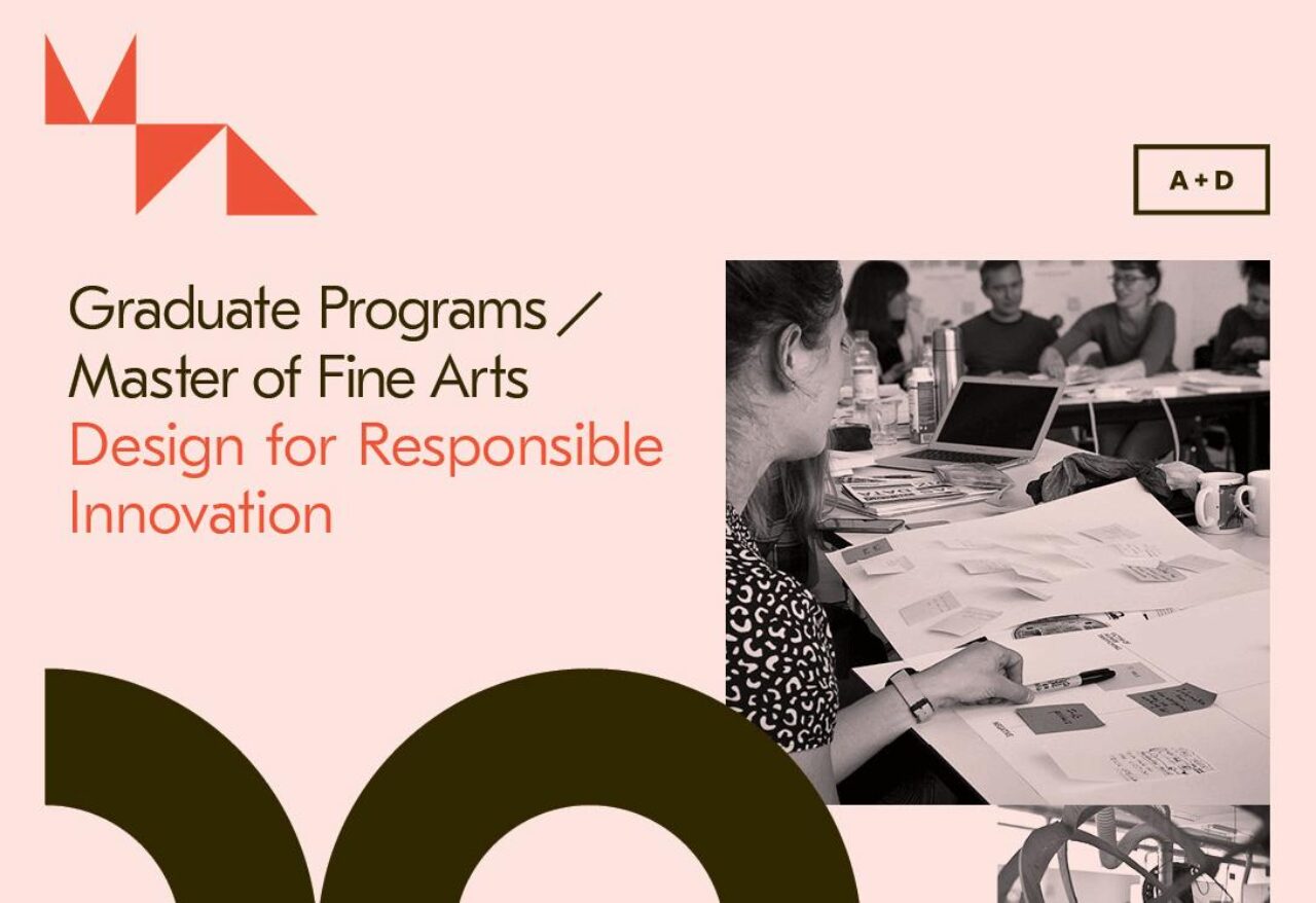 Letters "MFA" on a peach background with a black and white photo of students working around a table