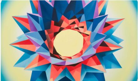 Mary Anna Pomonis, Penthesilea’s Crown, Acrylic on canvas over shaped panel, 39.5 x 39.5 inches, 2025. Photo: Yubo Dong