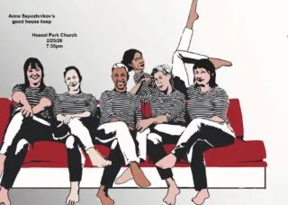 dancers seated on a red velvet couch