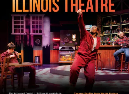 image of three people on a stage set like a bar with a list of programming for the year