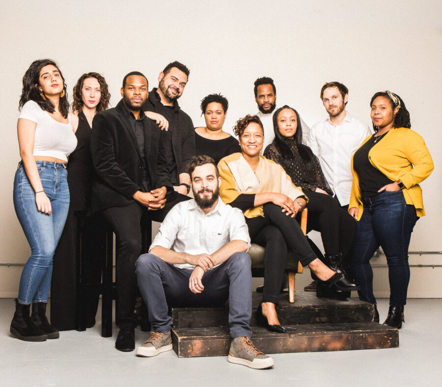 From left: Sophiyaa Nayar, Carley Cornelius (MFA ’12), Tyrone Phillips, Jared Bellot, Kelson Michael McAuliffe, Danielle Davis, Neel McNeill, Dujon Smith, Martasia Jones (BFA ’15), Christopher Sheard (MFA ’12), and Karyn Oates. Photo provided by Definition Theatre.