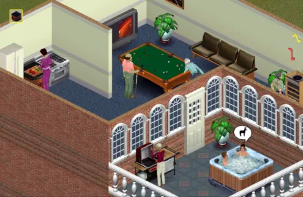screenshot of "The Sims" game with a view of several rooms in a house depicting pool table, a kitchen, and a hot tub outdoor space