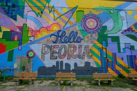 Hello Peoria mural on outside wall of building