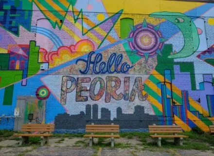 Hello Peoria mural on outside wall of building