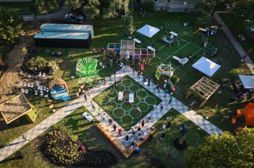 Aerial view of the 2023 Sukkah Design Festival