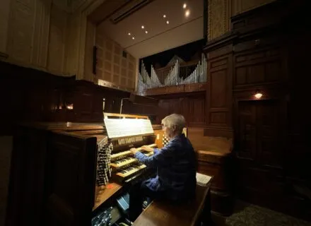 Linda Roaks (BME ‘ 70) playing the main organ in Smith Memorial Hall
