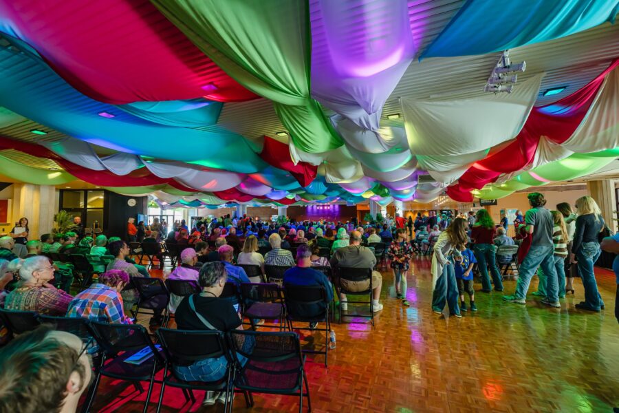 People listening to music in Krannert Center lobby