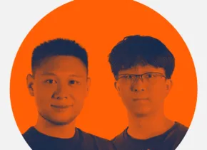 headshots of two people with orange overlay