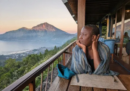 Latrelle Bright looking out at mountain landscape