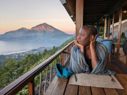 Latrelle Bright looking out at mountain landscape