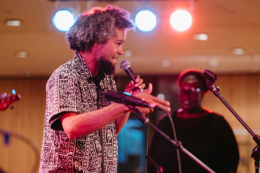 Man singing into microphone