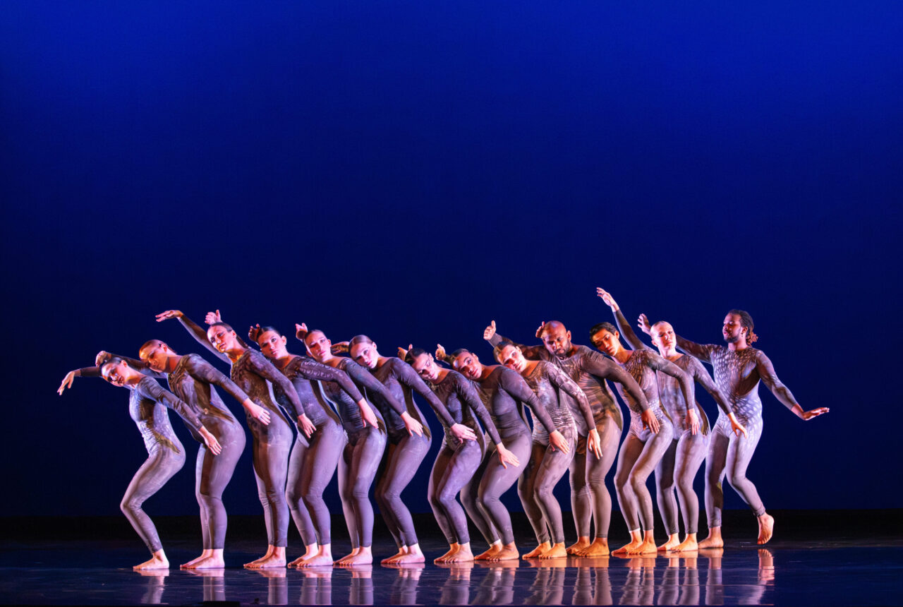 Dancers forming a line all in purple leotards